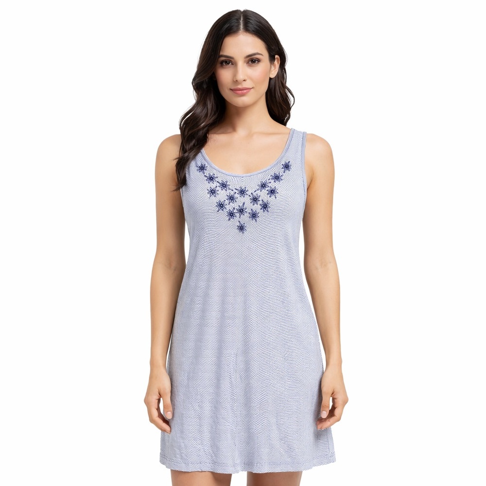 Tucker Tate Striped Embroidered Tank Dress Womens Size L‎ Blue White Sleeveless